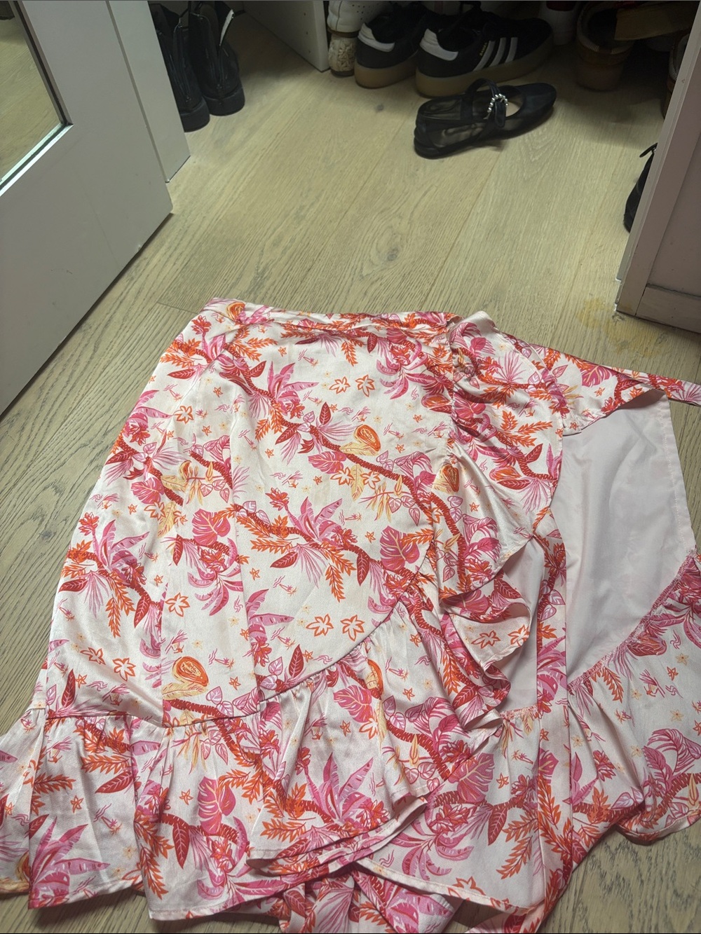 Pink & Orange Floral Ruffle Wrap Skirt